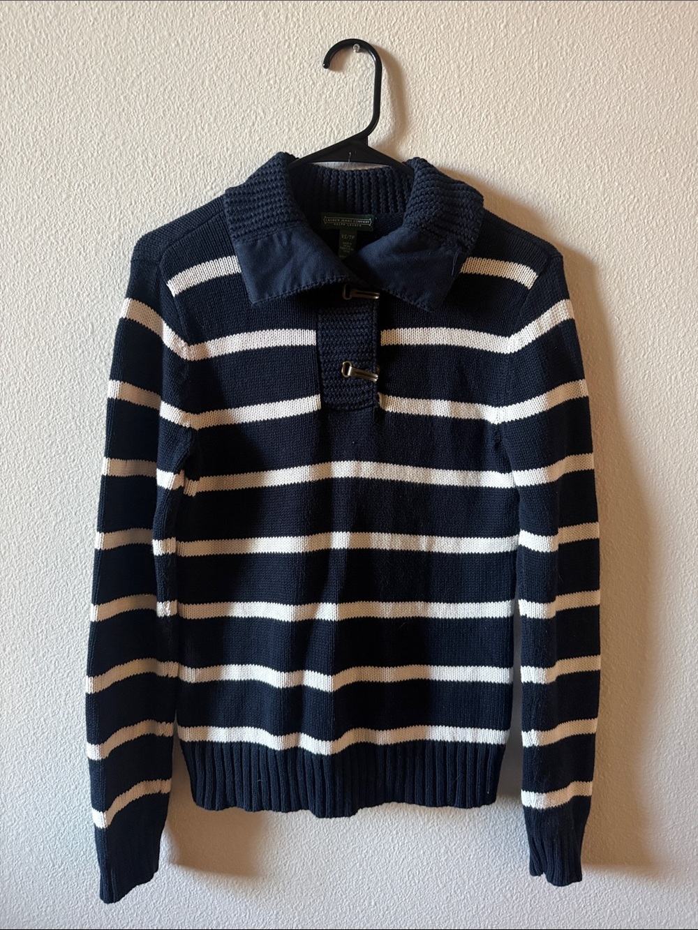 Ralph Lauren Navy and White Striped Shawl Collar w/toggle Sweater